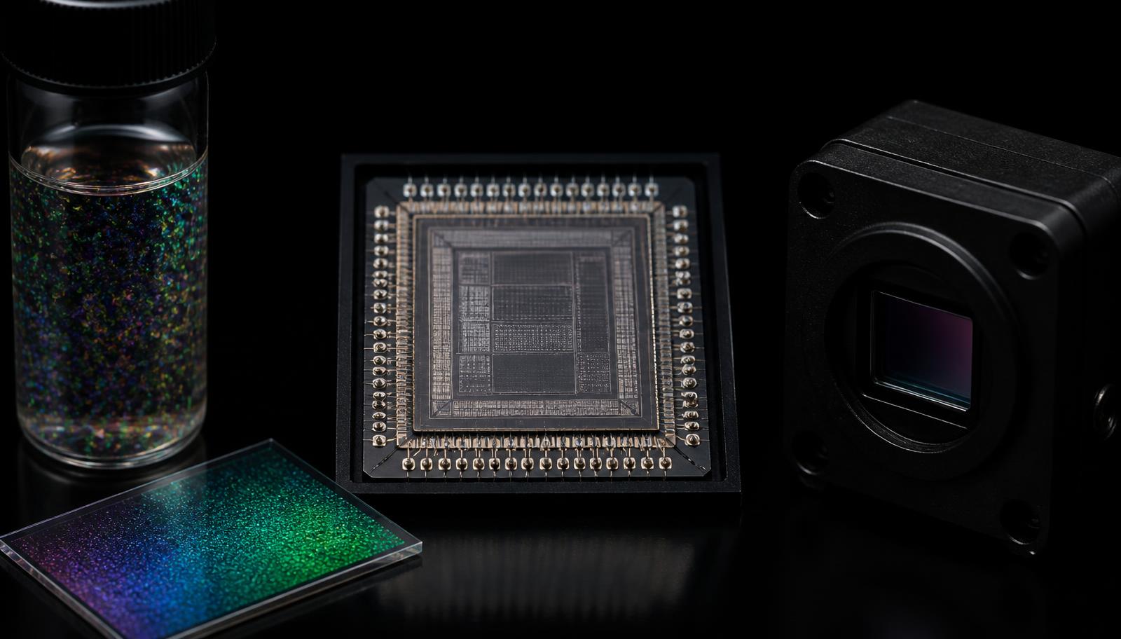 Colloidal quantum-dot material, a silicon readout integrated circuit die, and a compact infrared sensor module